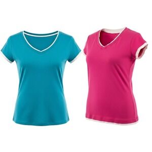 Lot of‎ 2 Vtg Y2K Tops Juniors Sz L Pink Aqua White Layered Look Fitted V-Neck